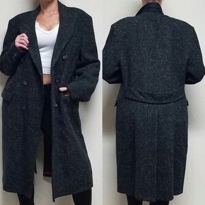 60s Vintage Falcone Don Mart Black White Speckled Wool Longline Trench Coat XL